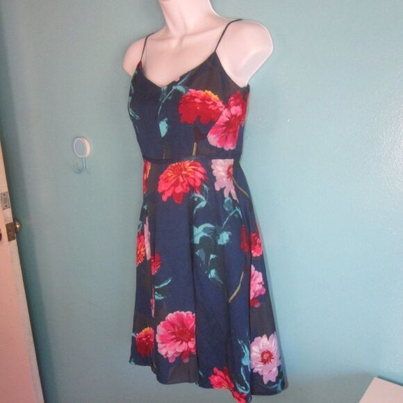 Banana Republic Womens Size XS Strappy Blue Nylon Linen Floral Dress Rear Zipper - Picture 1 of 12